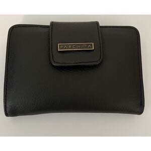 PARCHITA Black‎ Logo Vegan Faux Leather Lightweight Compartment Snap Wallet